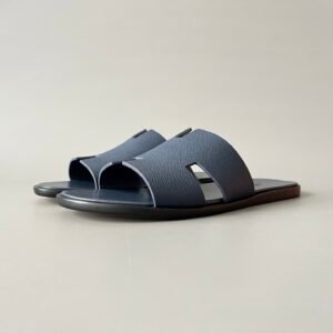 AuroraCustom Hermès Izmir Series Grained Epsom Leather Flat Sandals (Monochromatic Marine Navy & Edge-Blackened Leather Sole Edition)