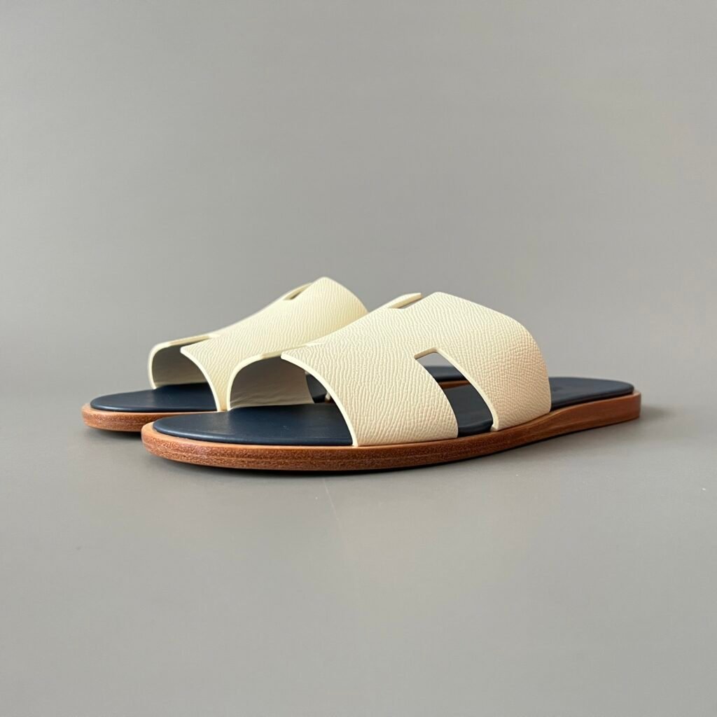 AuroraCustom Hermès Izmir Series Grained Epsom Leather Flat Sandals (Cream White, Marine Navy Footbed & Tonal Leather Sole Edition)