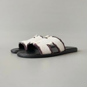AuroraCustom Hermès Izmir Series Frayed Technical Canvas Flat Sandals (Ecru White, Espresso Black Trim & Stacked Leather Edition)