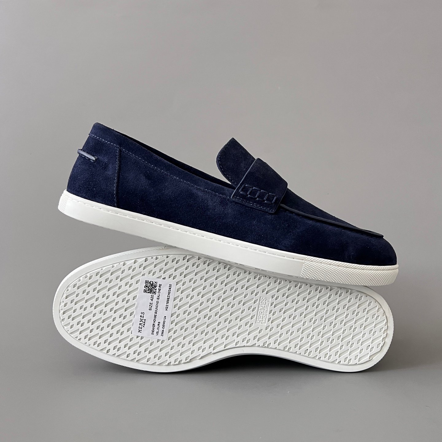 AuroraCustom Hermès Job Series Suede Loafers (Deep Marine Navy Suede & White TPU Sole Edition) - Image 6