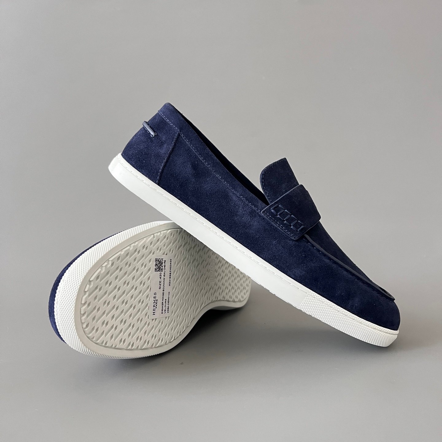 AuroraCustom Hermès Job Series Suede Loafers (Deep Marine Navy Suede & White TPU Sole Edition) - Image 7