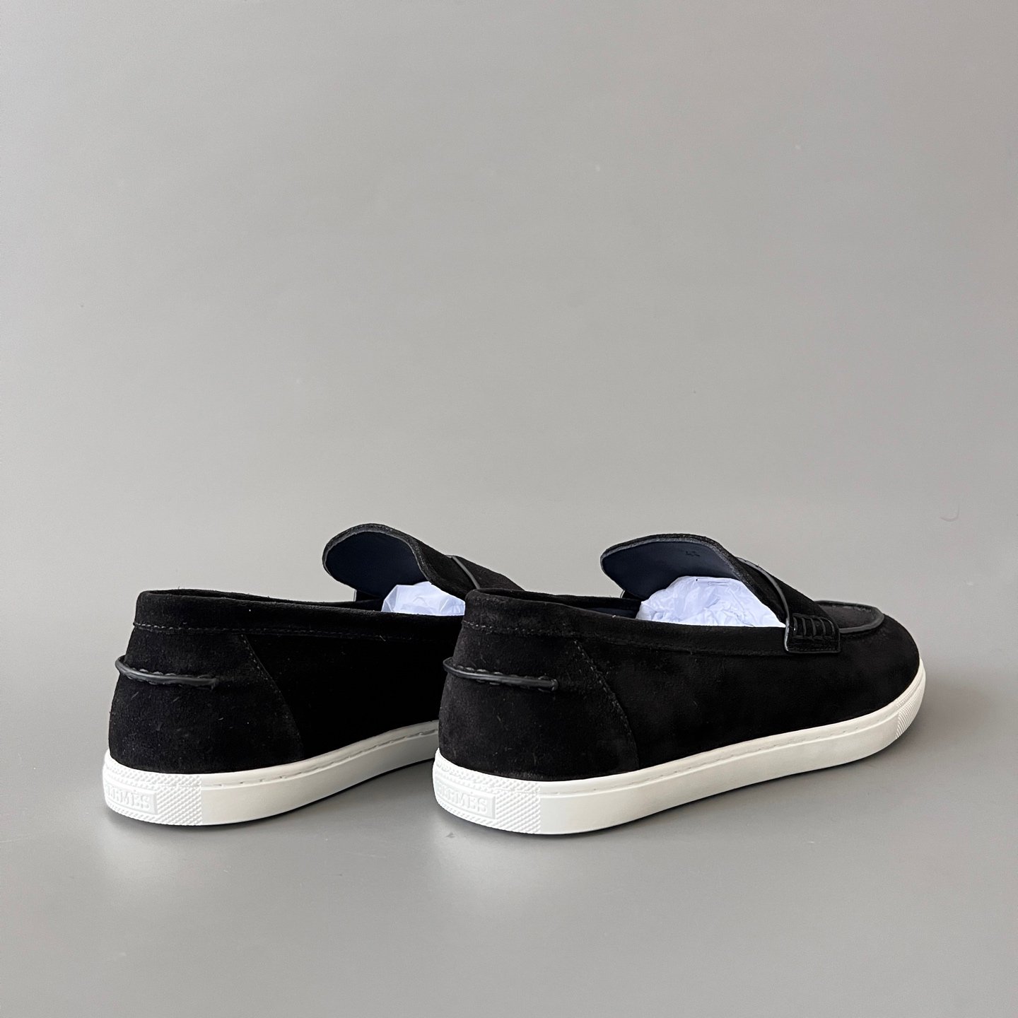AuroraCustom Hermès Job Series Suede Loafers (Stealth Black Suede & White TPU Sole Edition) - Image 4