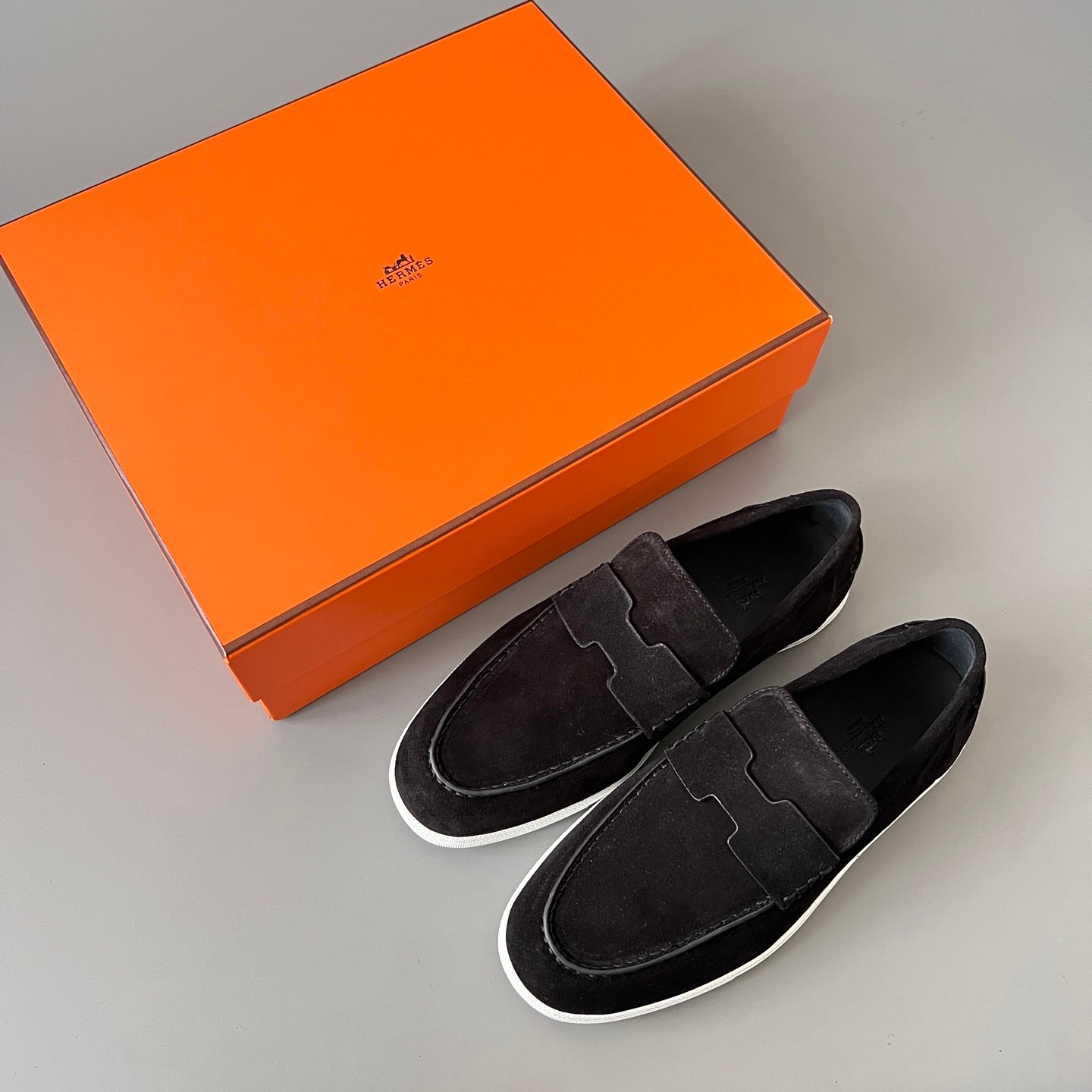 AuroraCustom Hermès Job Series Suede Loafers (Stealth Black Suede & White TPU Sole Edition) - Image 9