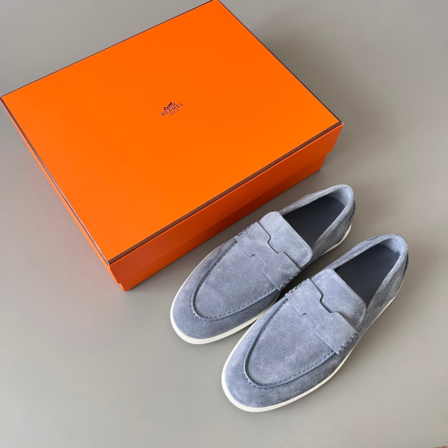 AuroraCustom Hermès Job Series Suede Loafers (Foggy Haze Blue Suede & White TPU Sole Edition) - Image 9