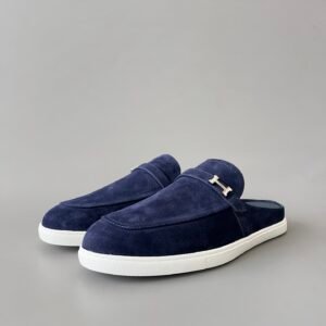 AuroraCustom Hermès Likely Series Suede Loafer Mules (Deep Marine Navy Suede & Palladium Hardware Edition)