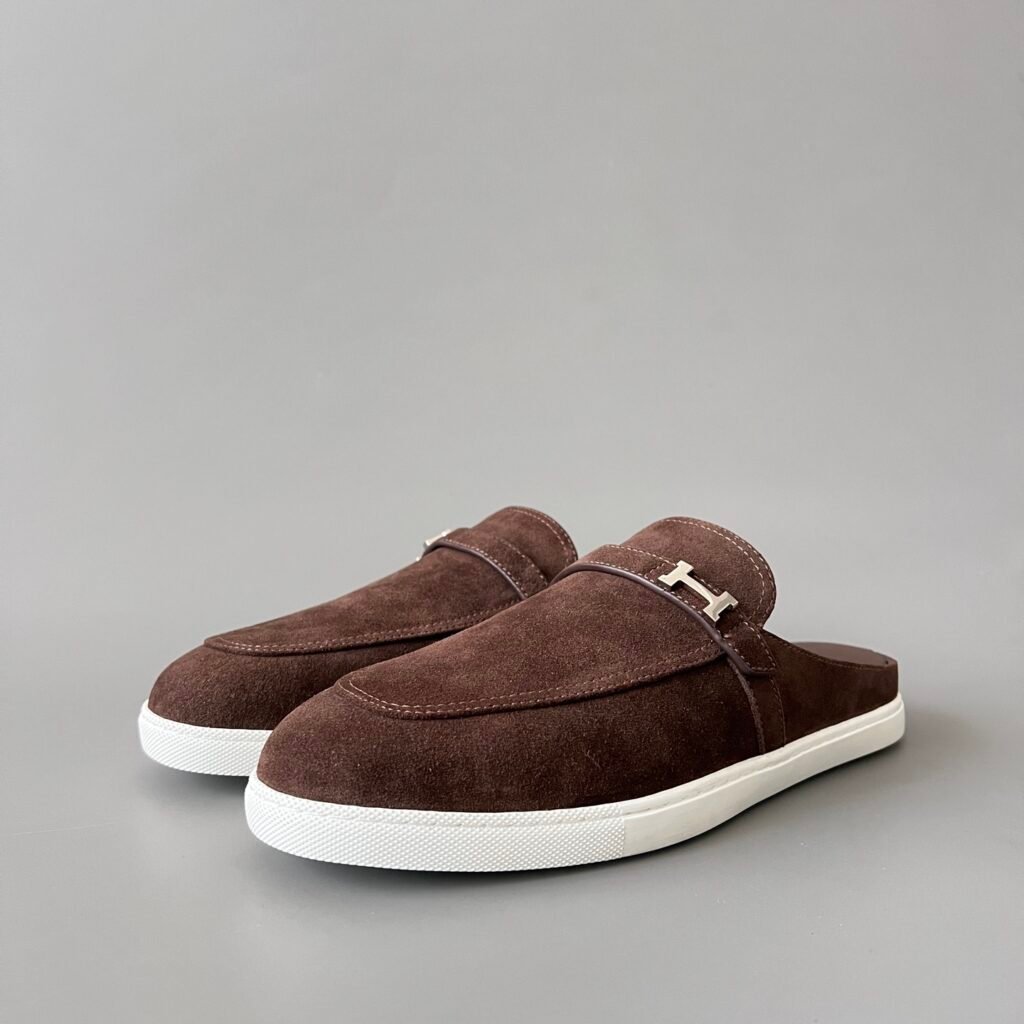 AuroraCustom Hermès Likely Series Suede Loafer Mules (Deep Mahogany Suede & Palladium Hardware Edition)