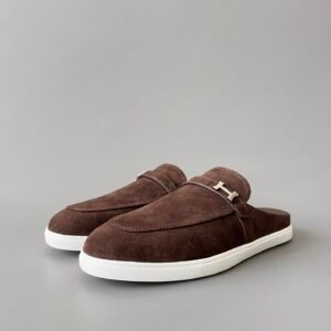 AuroraCustom Hermès Likely Series Suede Loafer Mules (Deep Mahogany Suede & Palladium Hardware Edition)
