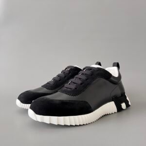 AuroraCustom Hermès Bouncing Series Leather & Suede Leisure Trainers (Stealth Black, Noir Leather & Alabaster Contrast Edition)