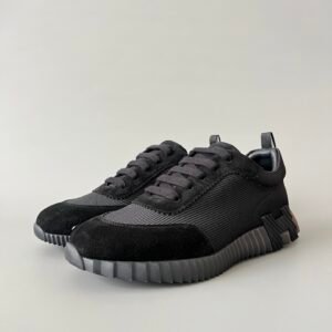 AuroraCustom Hermès Bouncing Series Leather & Technical Canvas Leisure Trainers (Triple Stealth Black & Charcoal Mesh Edition)