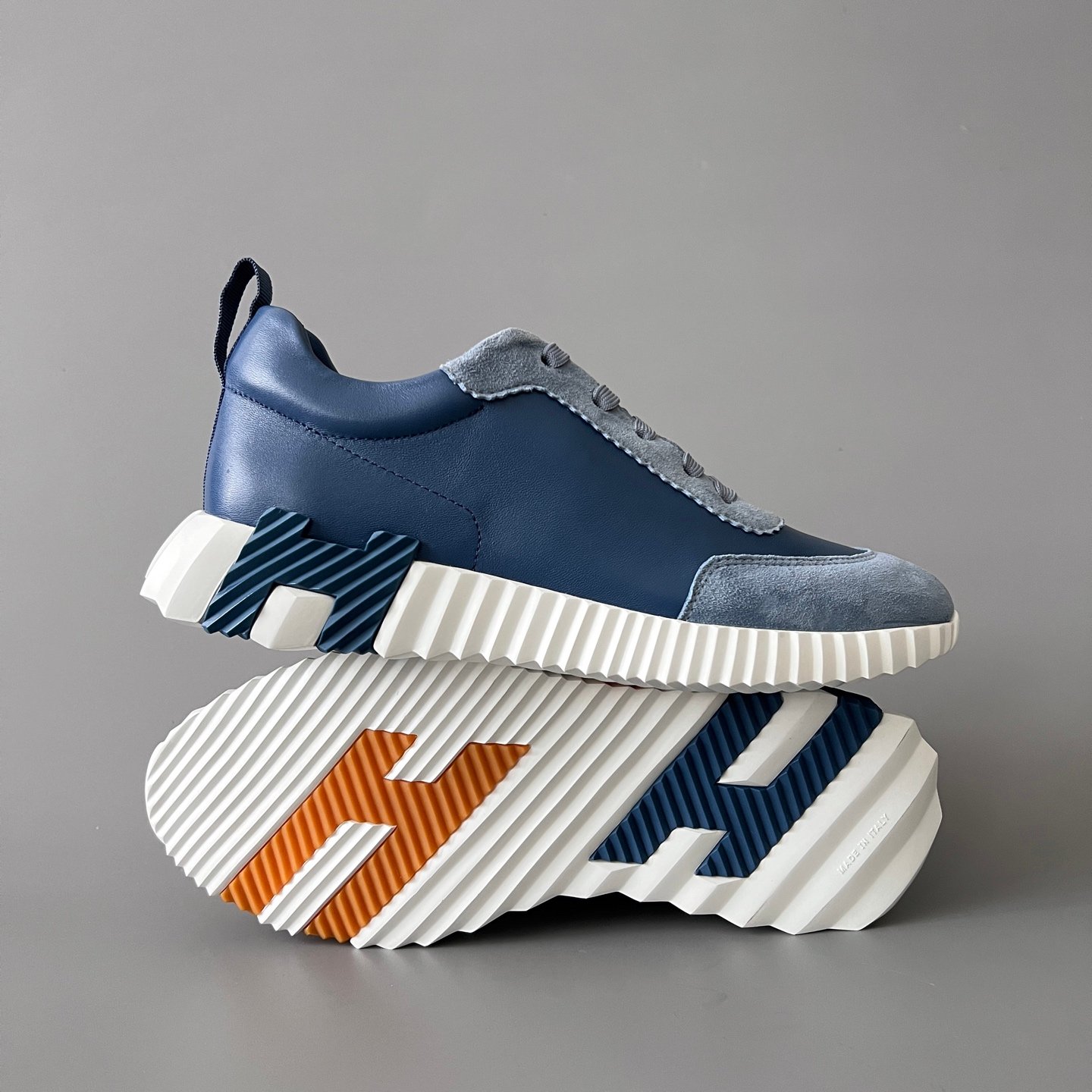 AuroraCustom Hermès Bouncing Series Leather & Suede Leisure Trainers (Air Force Blue, Mineral Grey Suede & Deep Navy Edition) - Image 6