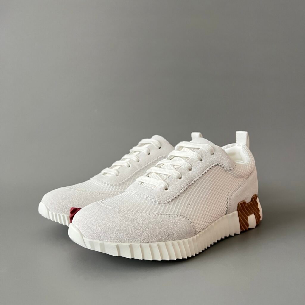 AuroraCustom Hermès Bouncing Series Leather & Technical Mesh Trainers (Off-White, Technical Grid & Caramel Brown Edition)