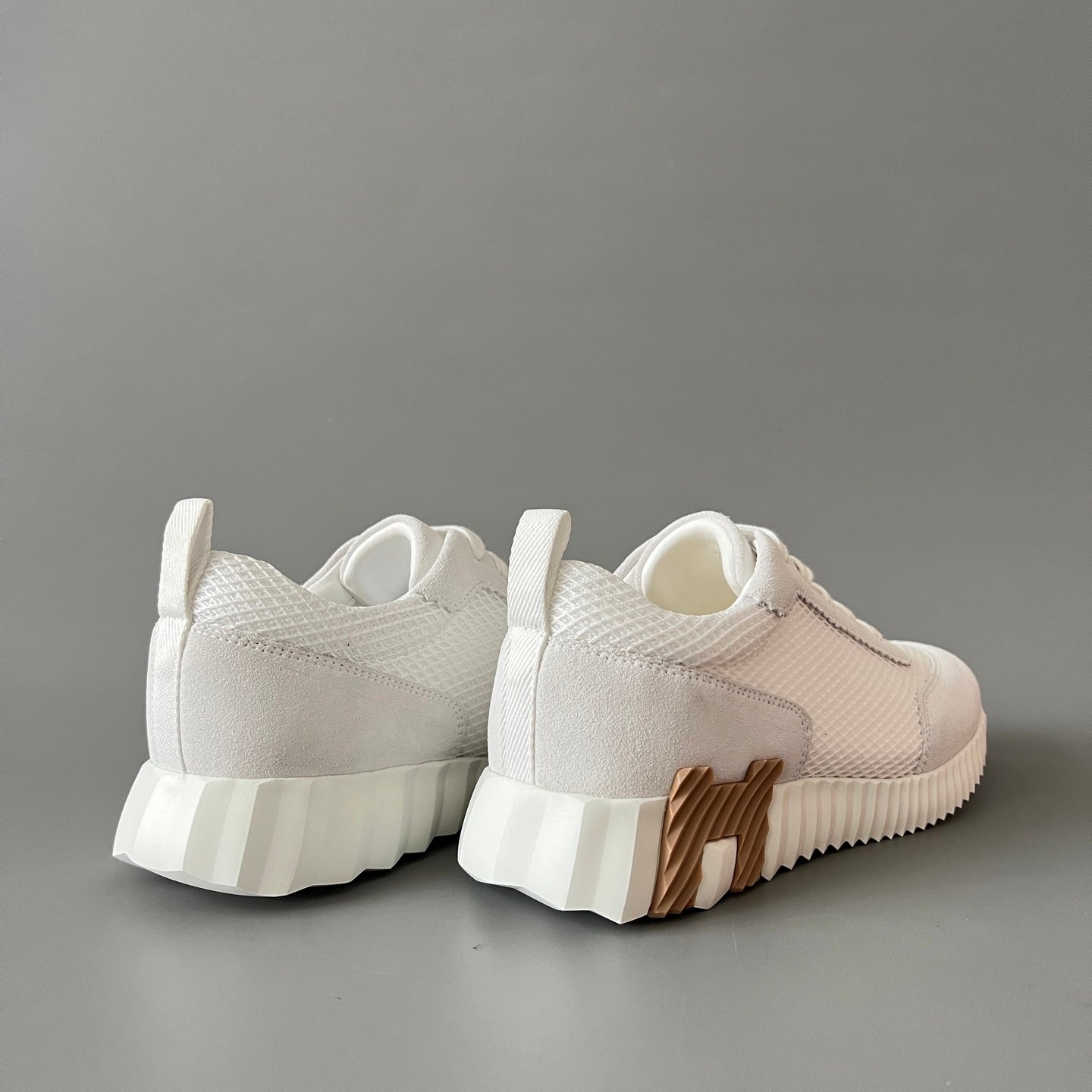 AuroraCustom Hermès Bouncing Series Leather & Technical Mesh Trainers (Off-White, Technical Grid & Caramel Brown Edition) - Image 4