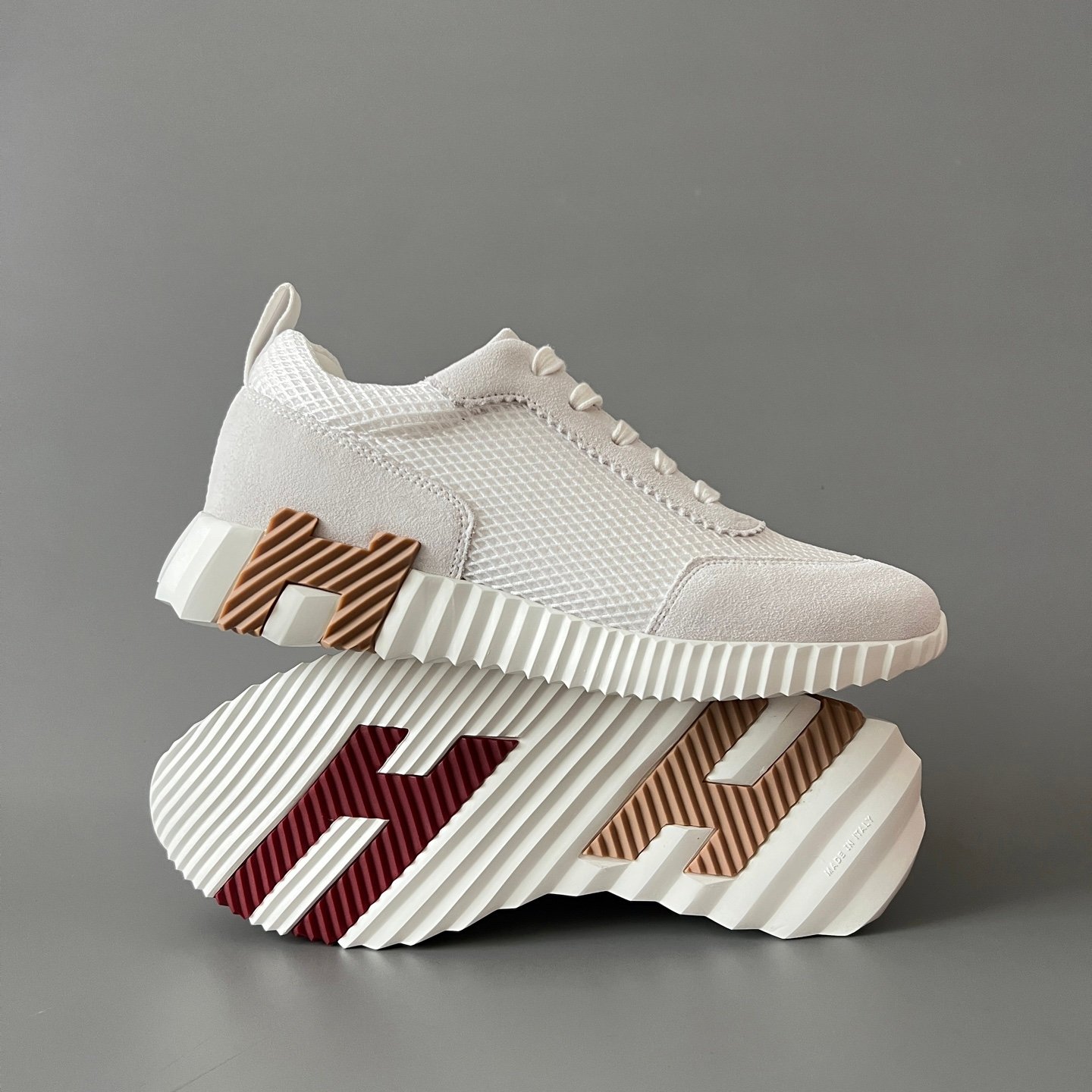 AuroraCustom Hermès Bouncing Series Leather & Technical Mesh Trainers (Off-White, Technical Grid & Caramel Brown Edition) - Image 6