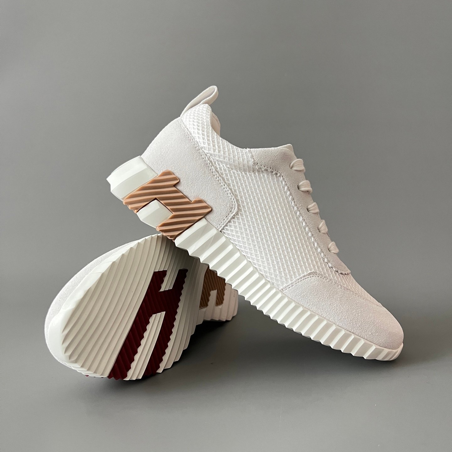 AuroraCustom Hermès Bouncing Series Leather & Technical Mesh Trainers (Off-White, Technical Grid & Caramel Brown Edition) - Image 7