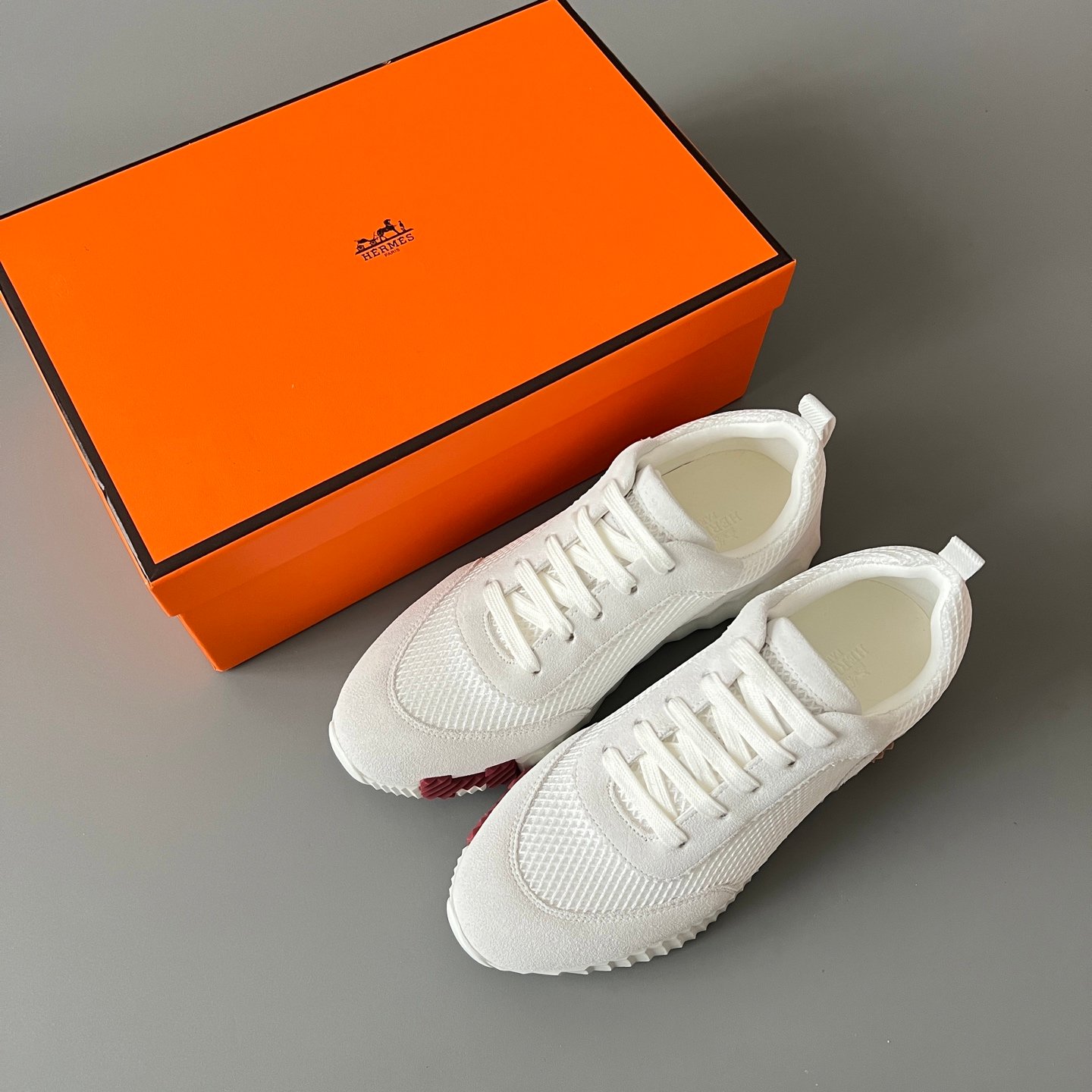 AuroraCustom Hermès Bouncing Series Leather & Technical Mesh Trainers (Off-White, Technical Grid & Caramel Brown Edition) - Image 9