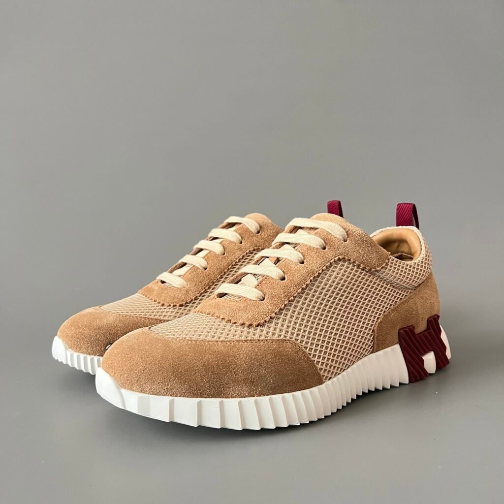 AuroraCustom Hermès Bouncing Series Suede & Technical Open-Mesh Trainers (Desert Camel & Burgundy Maroon Edition)