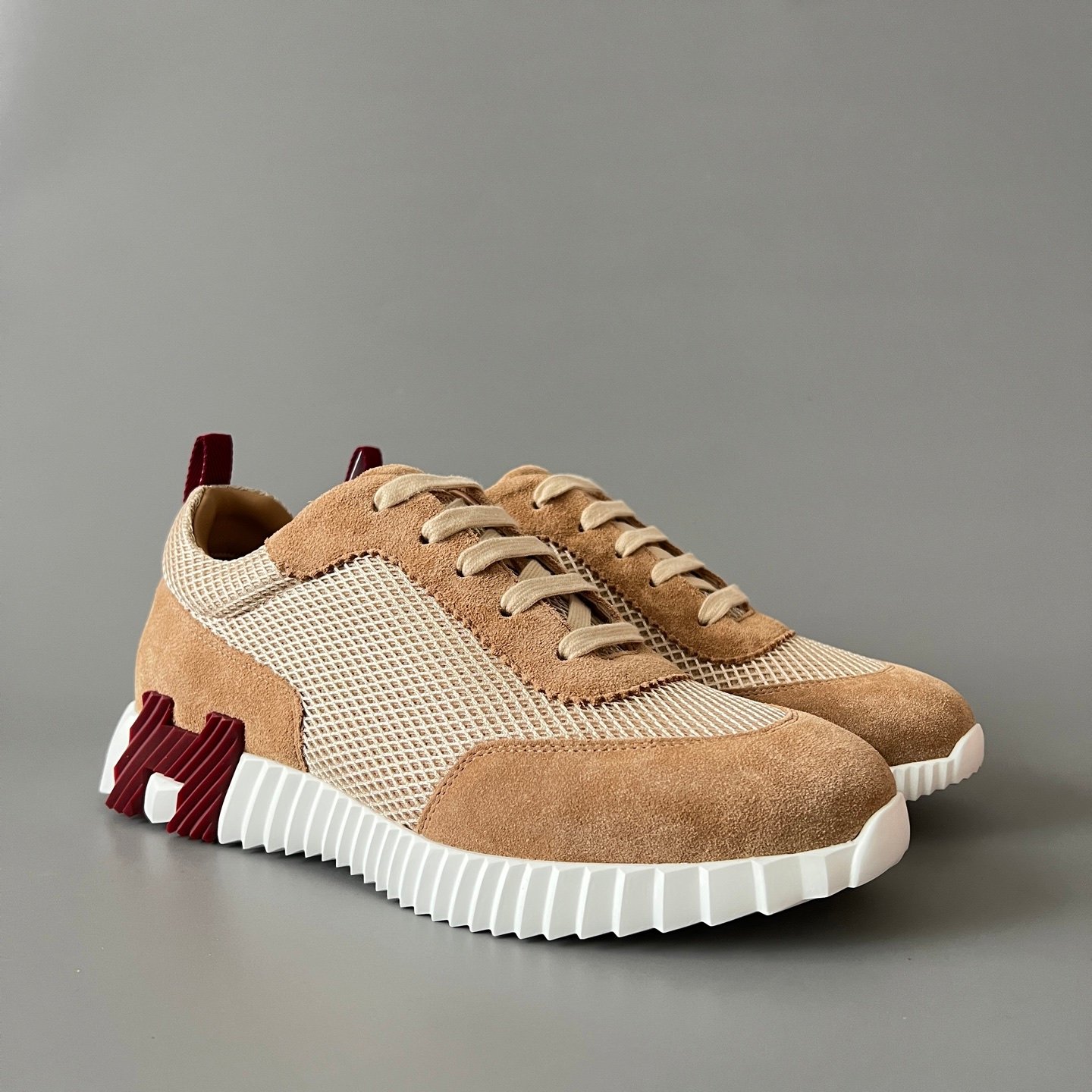 AuroraCustom Hermès Bouncing Series Suede & Technical Open-Mesh Trainers (Desert Camel & Burgundy Maroon Edition) - Image 3