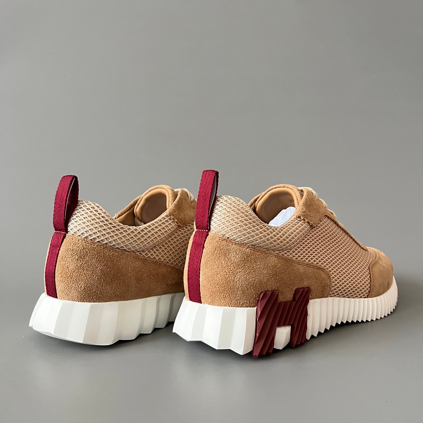 AuroraCustom Hermès Bouncing Series Suede & Technical Open-Mesh Trainers (Desert Camel & Burgundy Maroon Edition) - Image 4