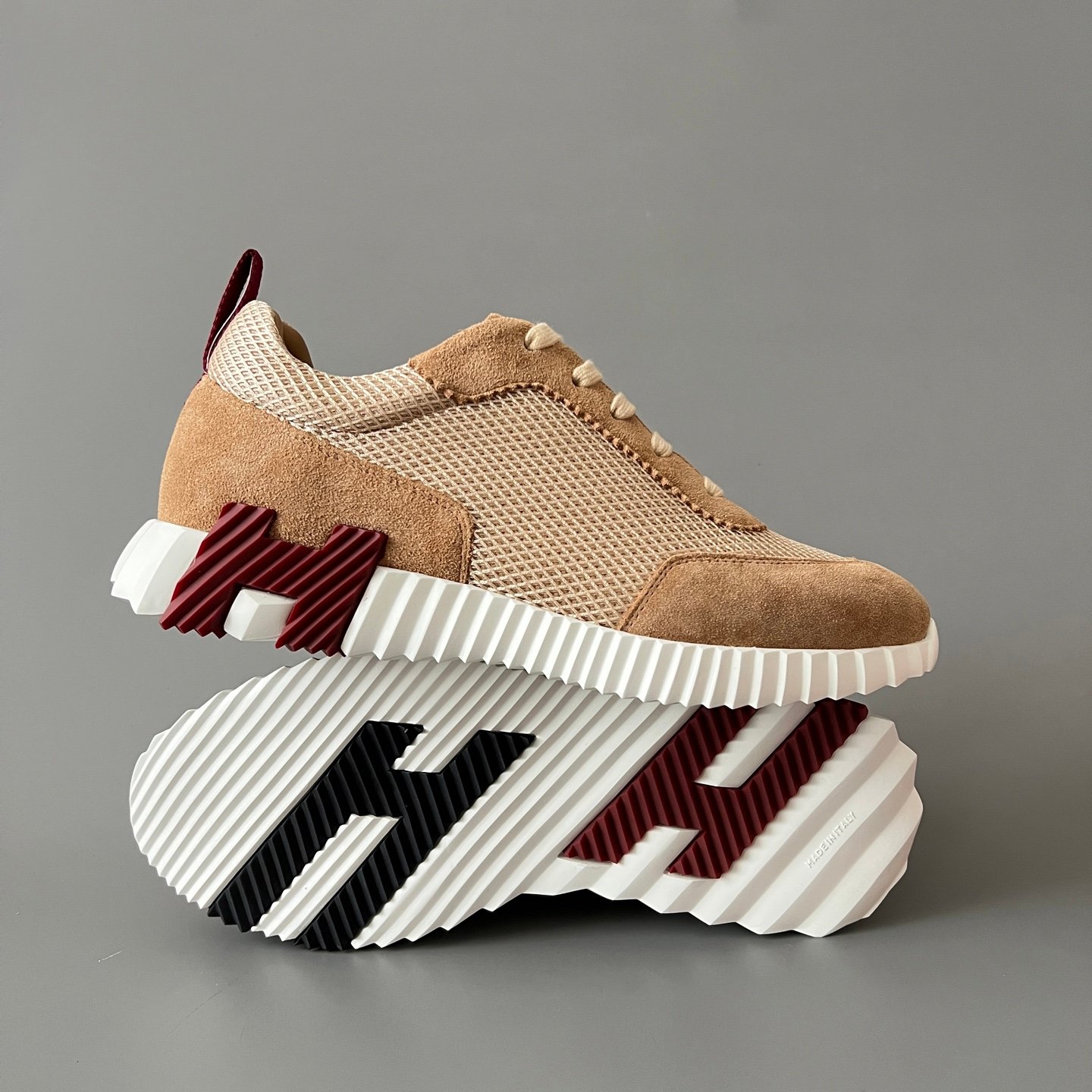 AuroraCustom Hermès Bouncing Series Suede & Technical Open-Mesh Trainers (Desert Camel & Burgundy Maroon Edition) - Image 6
