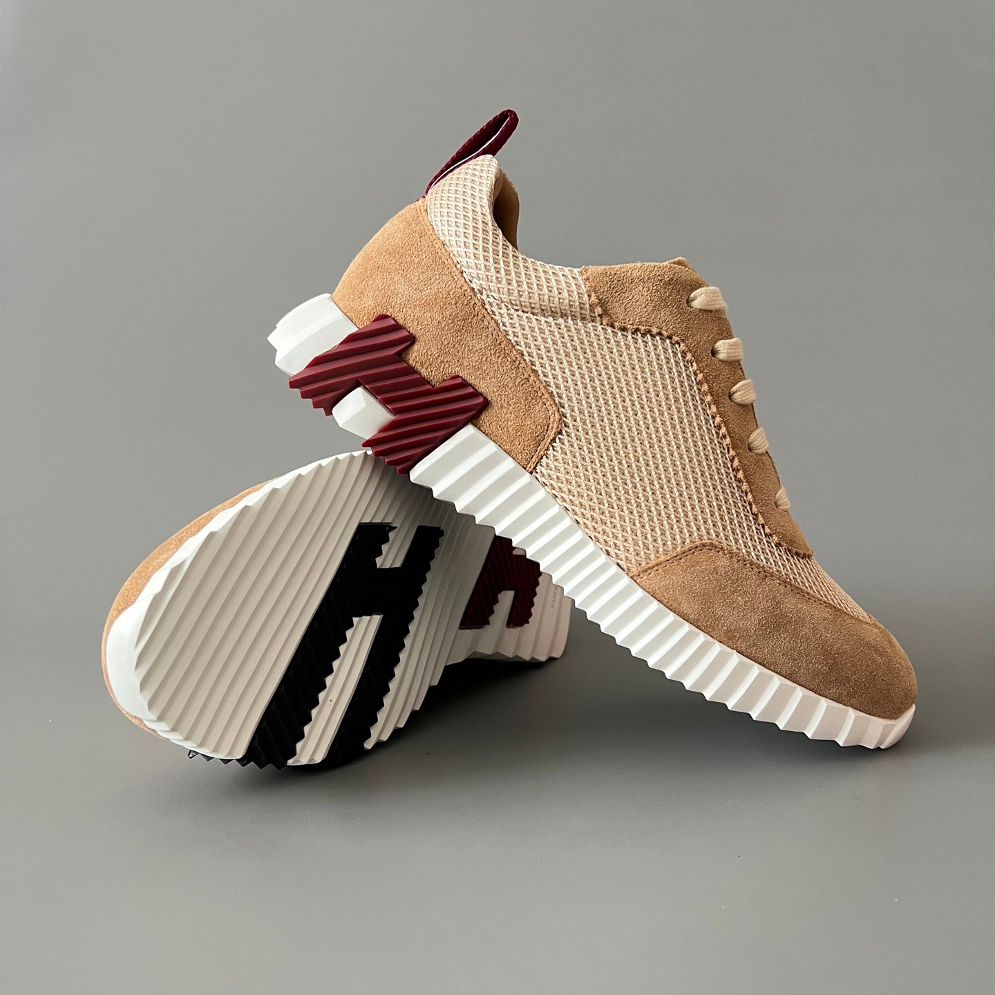 AuroraCustom Hermès Bouncing Series Suede & Technical Open-Mesh Trainers (Desert Camel & Burgundy Maroon Edition) - Image 7