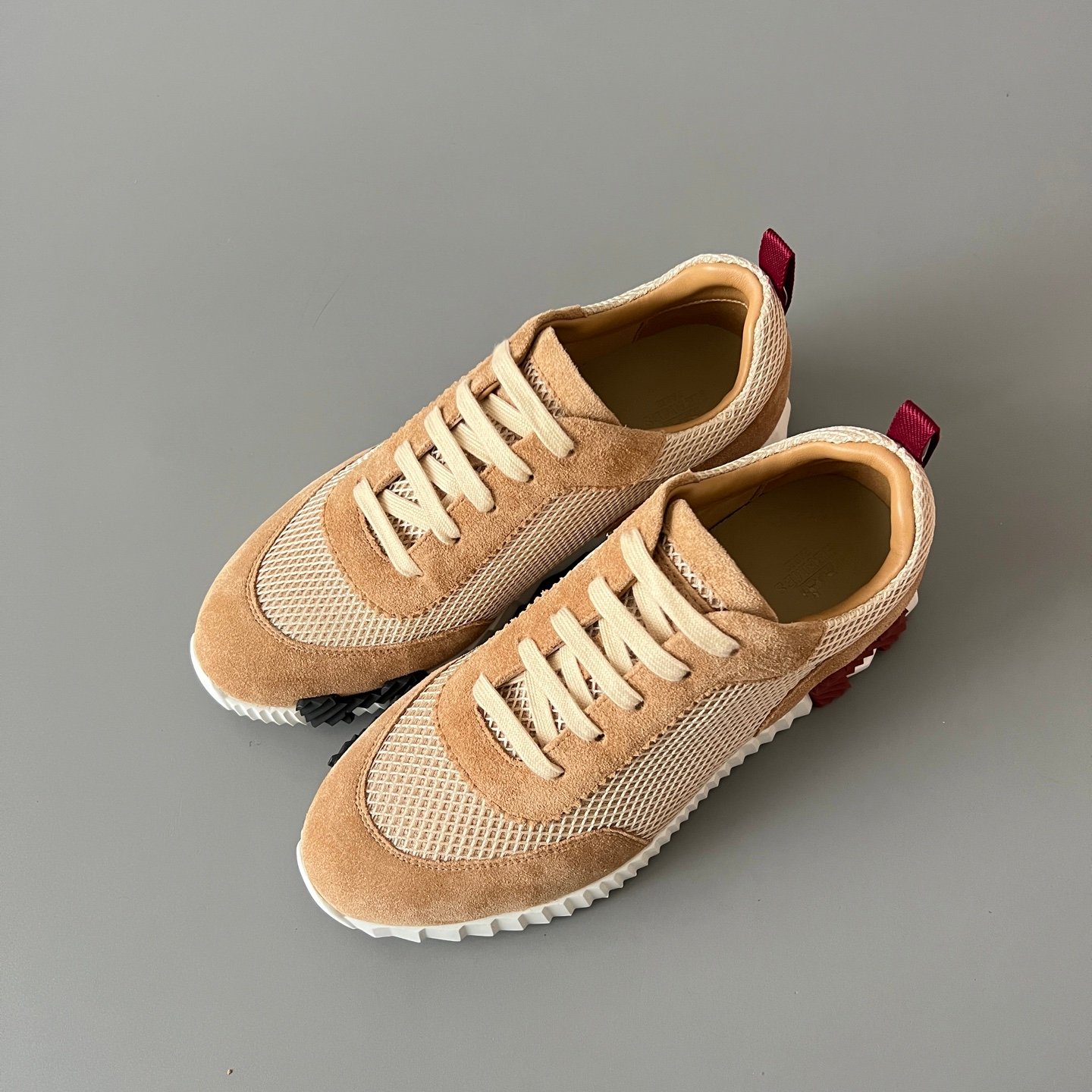 AuroraCustom Hermès Bouncing Series Suede & Technical Open-Mesh Trainers (Desert Camel & Burgundy Maroon Edition) - Image 8