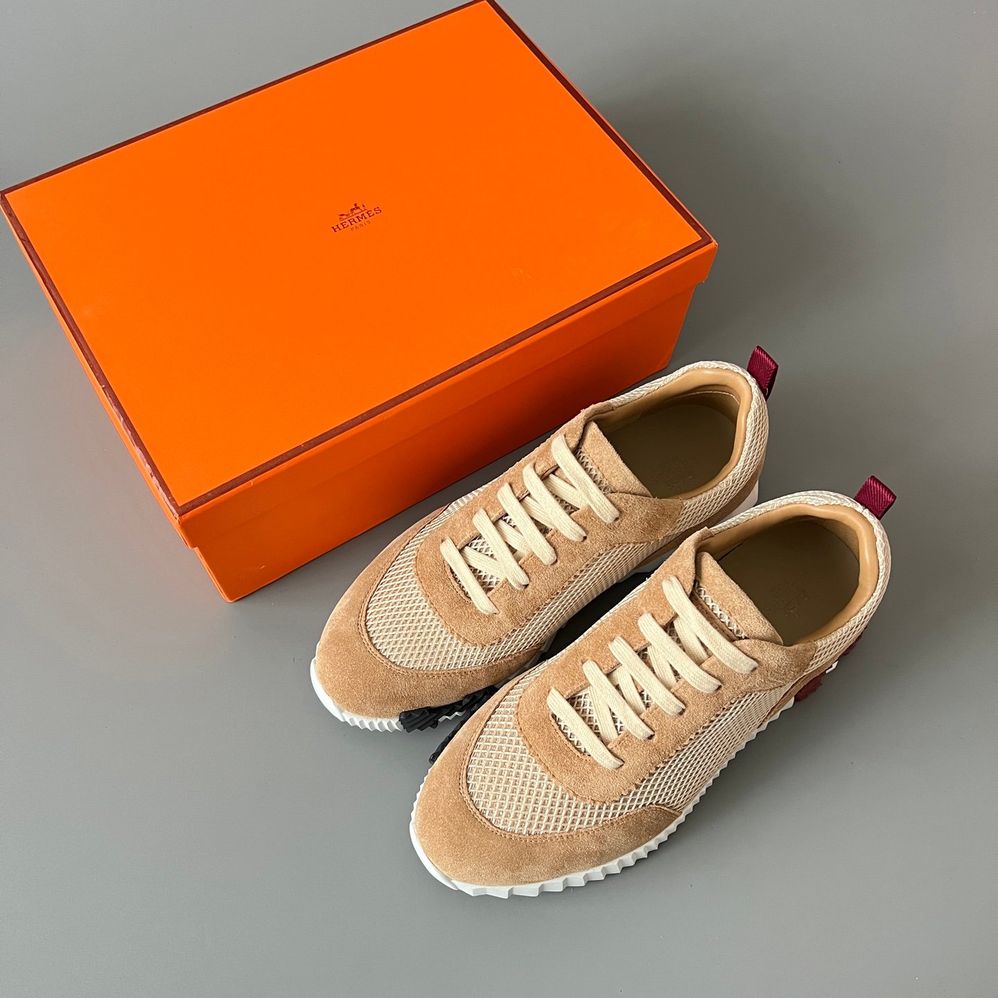 AuroraCustom Hermès Bouncing Series Suede & Technical Open-Mesh Trainers (Desert Camel & Burgundy Maroon Edition) - Image 9
