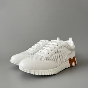 AuroraCustom Hermès Bouncing Series Grained Leather & Technical Open-Mesh Trainers (Pristine White & Caramel Brown Edition)