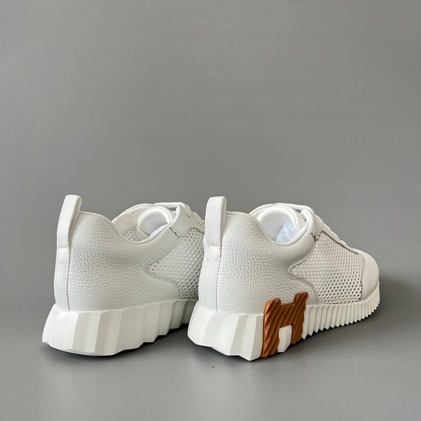 AuroraCustom Hermès Bouncing Series Grained Leather & Technical Open-Mesh Trainers (Pristine White & Caramel Brown Edition) - Image 4