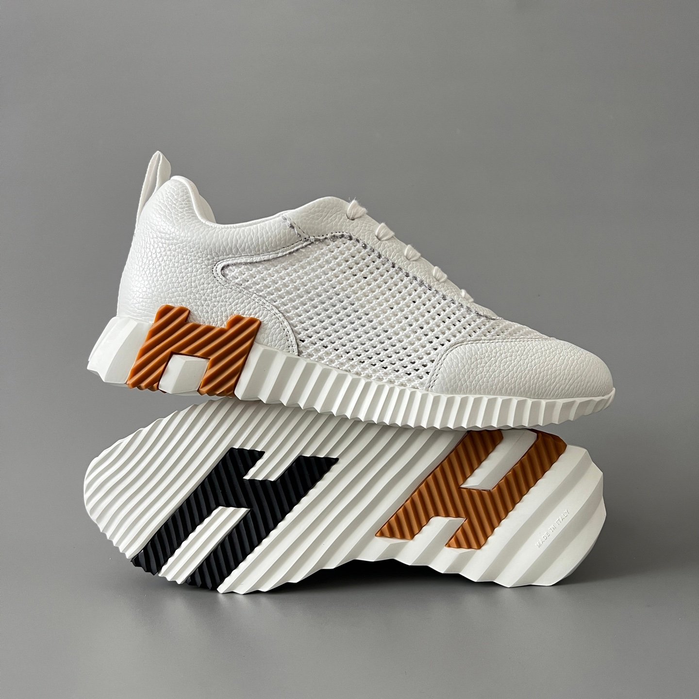 AuroraCustom Hermès Bouncing Series Grained Leather & Technical Open-Mesh Trainers (Pristine White & Caramel Brown Edition) - Image 6