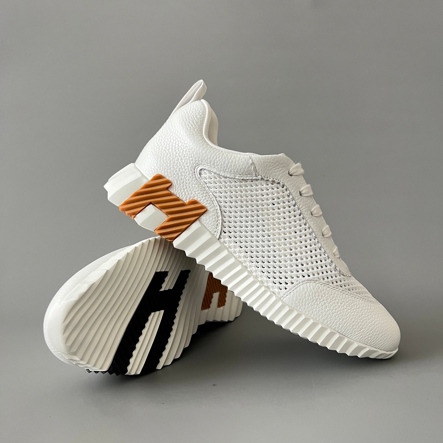 AuroraCustom Hermès Bouncing Series Grained Leather & Technical Open-Mesh Trainers (Pristine White & Caramel Brown Edition) - Image 7