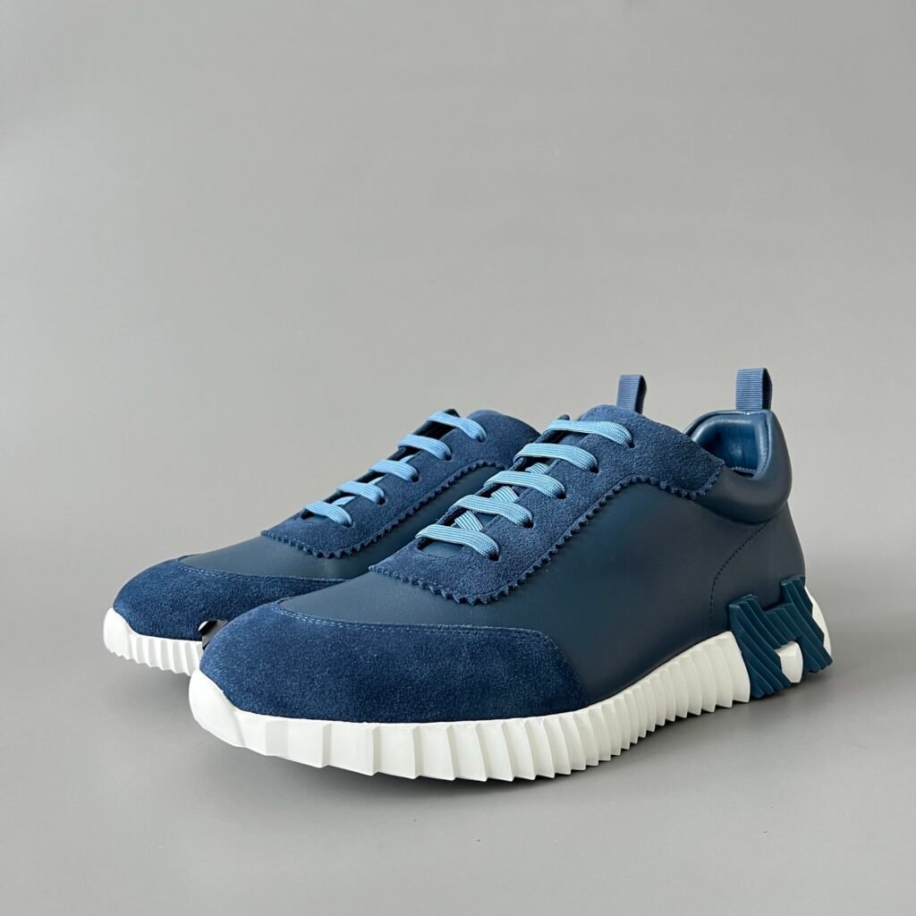 AuroraCustom Hermès Bouncing Series Leather & Suede Leisure Trainers (Nordic Blue & Ocean Indigo Edition)
