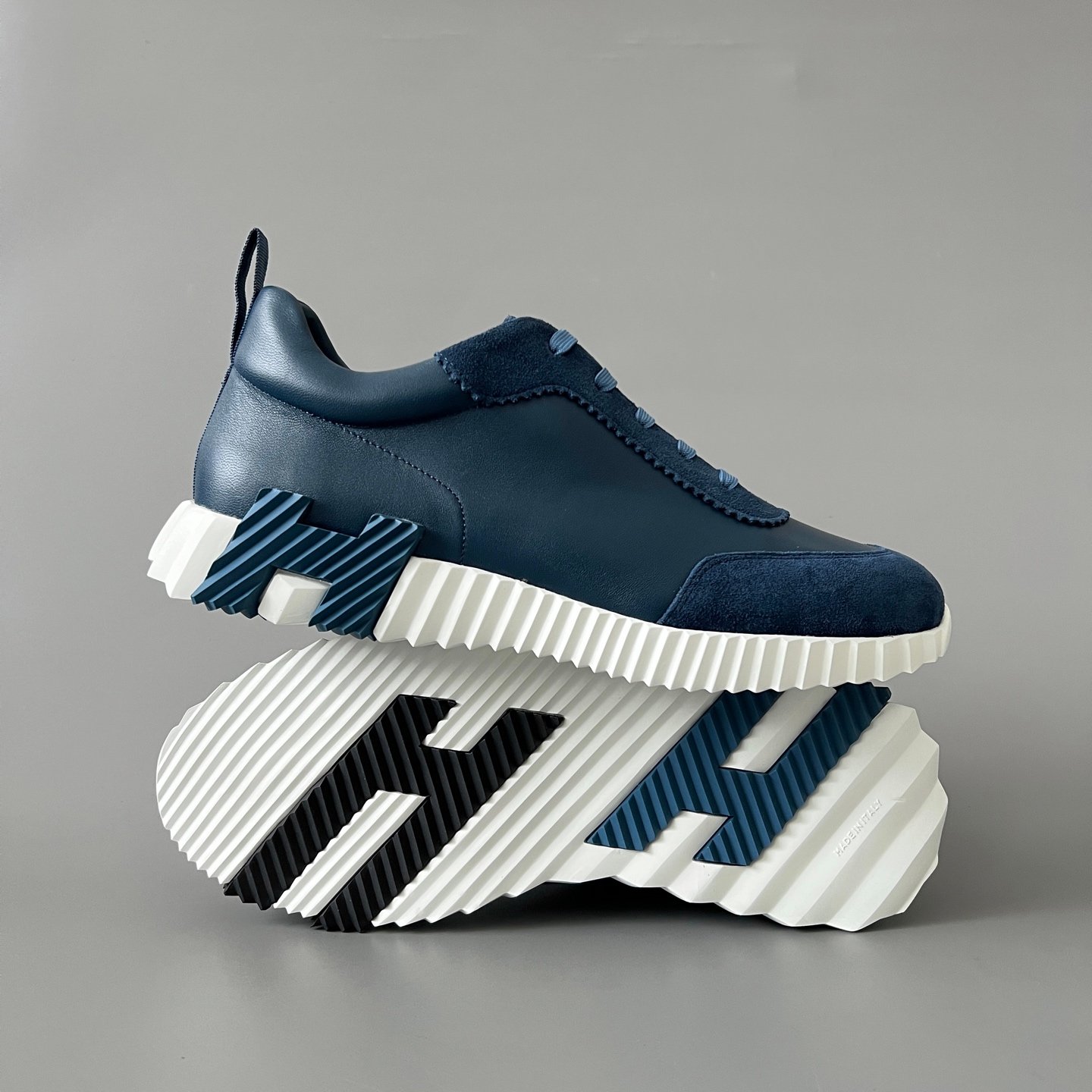 AuroraCustom Hermès Bouncing Series Leather & Suede Leisure Trainers (Nordic Blue & Ocean Indigo Edition) - Image 6