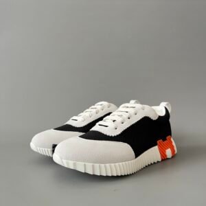 AuroraCustom Hermès Bouncing Series Leather & Technical Canvas Leisure Trainers (Panda Black Mesh & Signal Orange Edition)