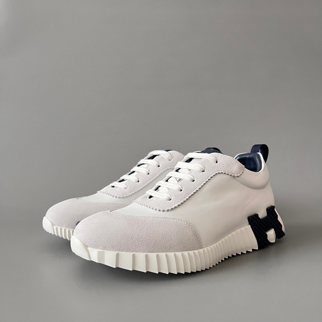 AuroraCustom Hermès Bouncing Series Leather & Suede Leisure Trainers (Pristine White & Marine Navy Edition)