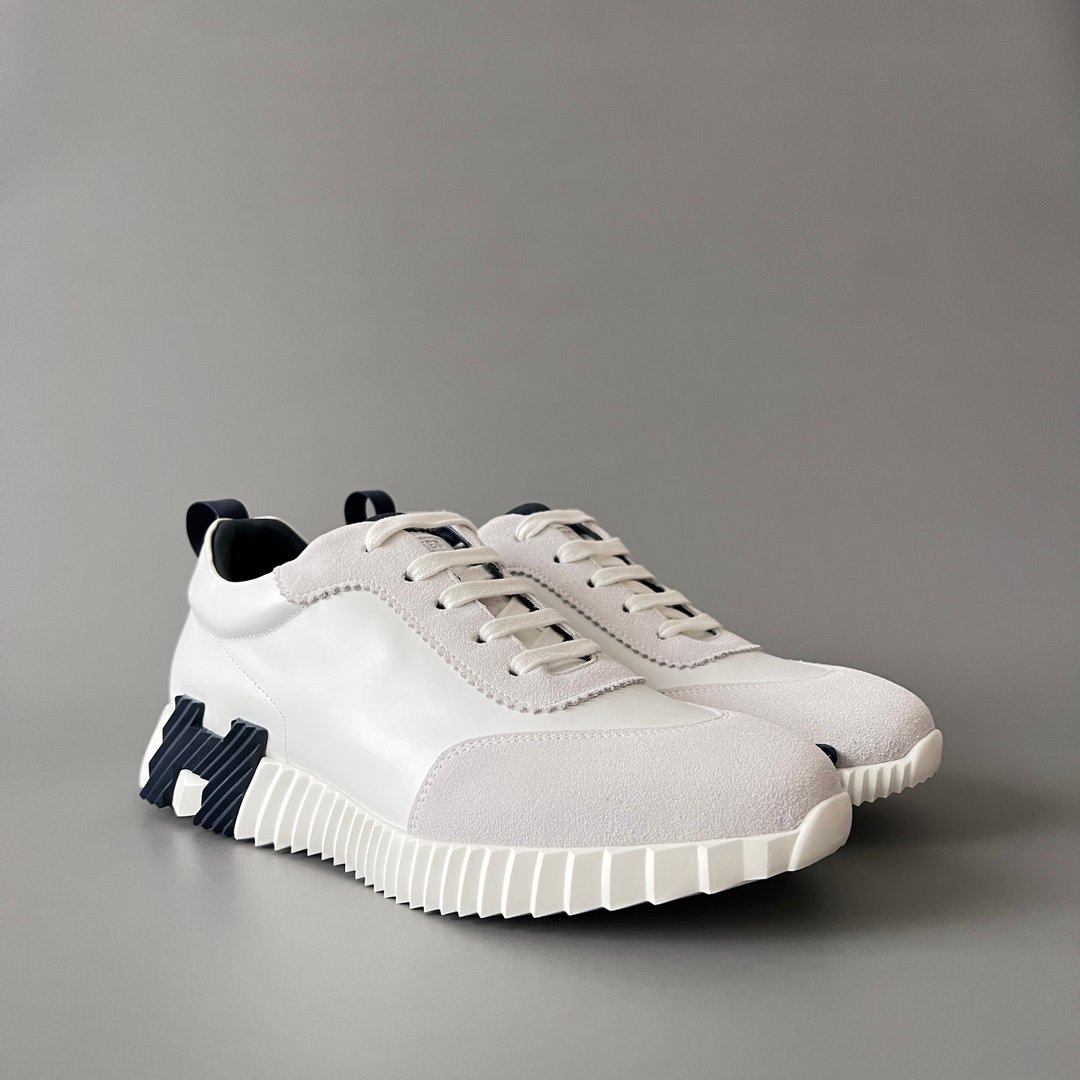 AuroraCustom Hermès Bouncing Series Leather & Suede Leisure Trainers (Pristine White & Marine Navy Edition) - Image 3