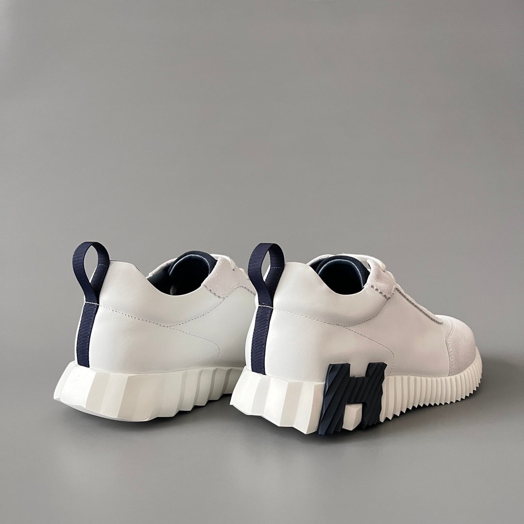 AuroraCustom Hermès Bouncing Series Leather & Suede Leisure Trainers (Pristine White & Marine Navy Edition) - Image 4