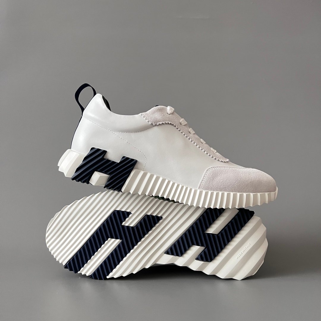 AuroraCustom Hermès Bouncing Series Leather & Suede Leisure Trainers (Pristine White & Marine Navy Edition) - Image 6