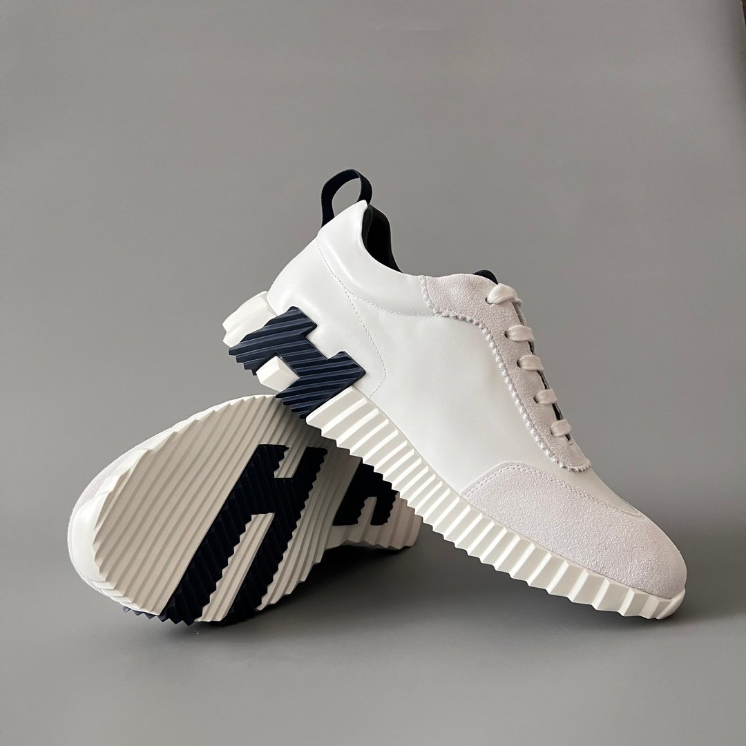 AuroraCustom Hermès Bouncing Series Leather & Suede Leisure Trainers (Pristine White & Marine Navy Edition) - Image 7