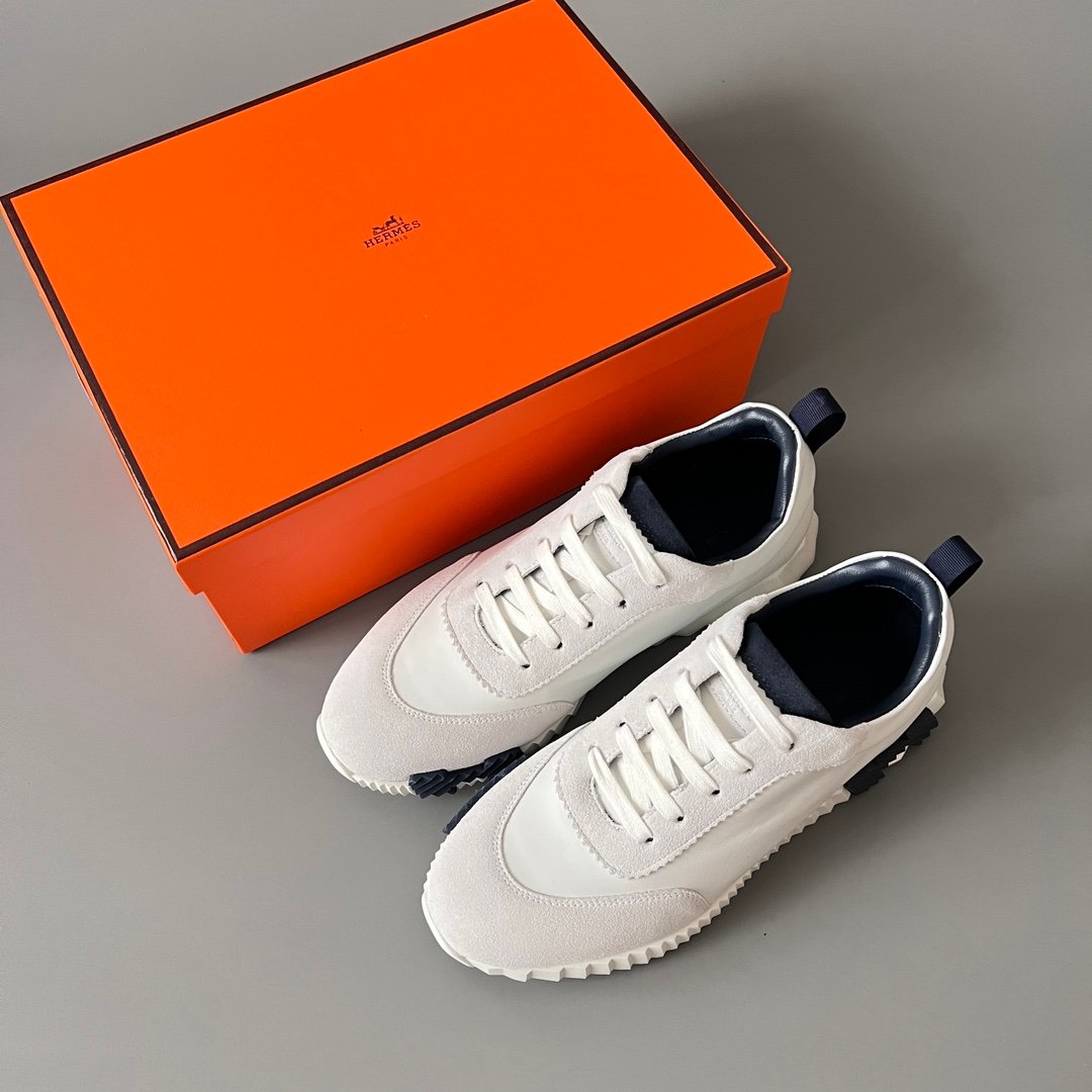 AuroraCustom Hermès Bouncing Series Leather & Suede Leisure Trainers (Pristine White & Marine Navy Edition) - Image 9