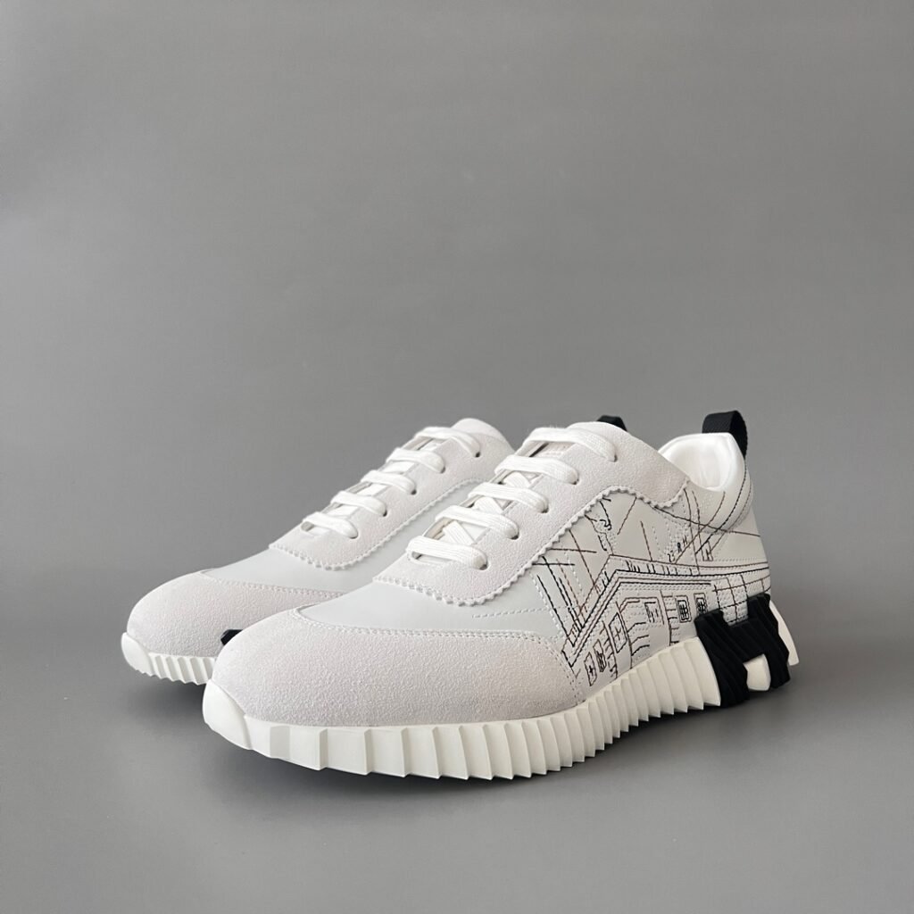 AuroraCustom Hermès Bouncing Series Leather & Architectural Blueprint Suede Trainers (White Plan & Sketch Edition)