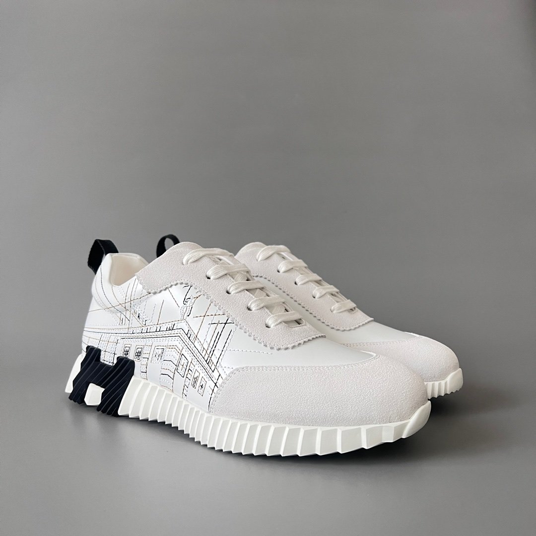 AuroraCustom Hermès Bouncing Series Leather & Architectural Blueprint Suede Trainers (White Plan & Sketch Edition) - Image 3