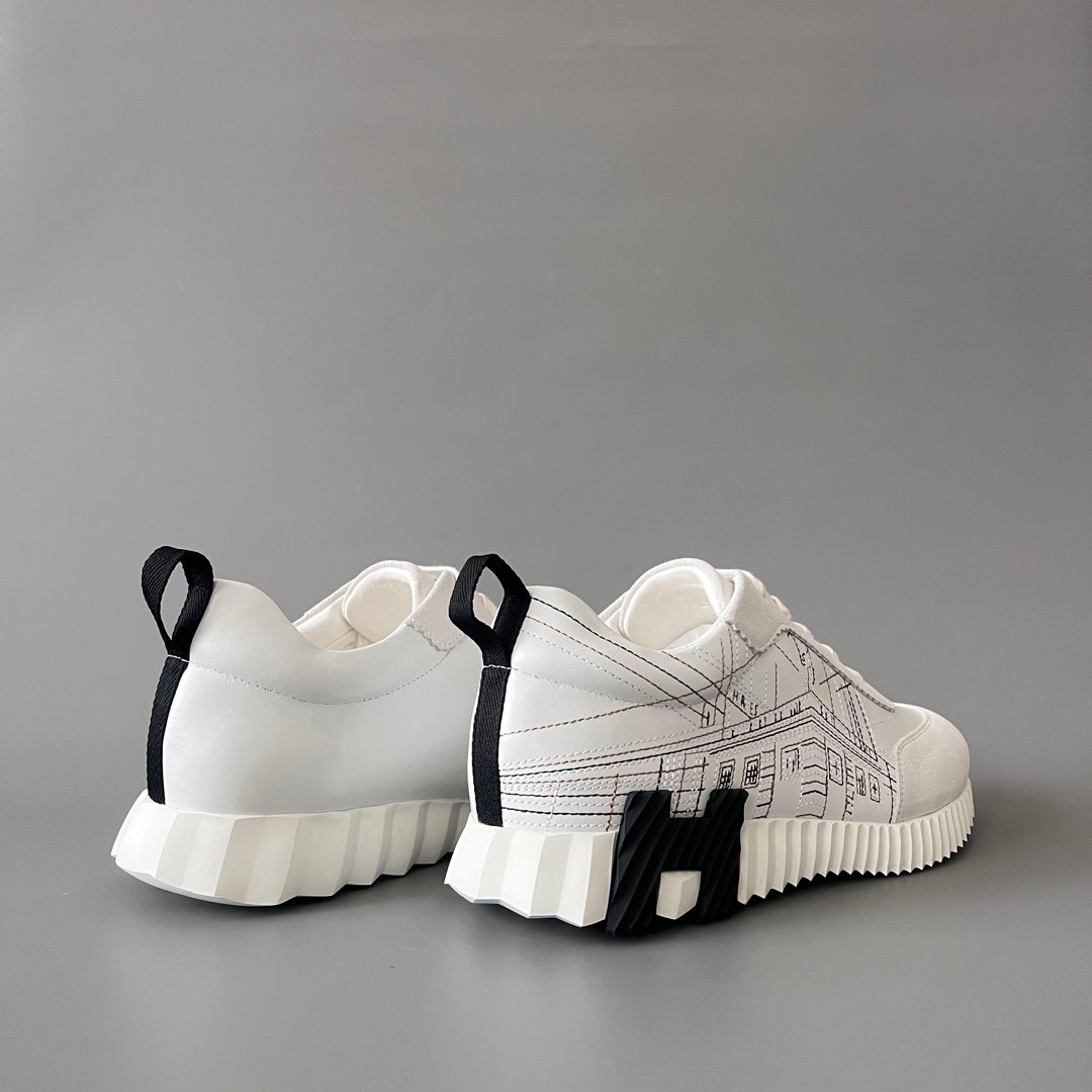 AuroraCustom Hermès Bouncing Series Leather & Architectural Blueprint Suede Trainers (White Plan & Sketch Edition) - Image 4