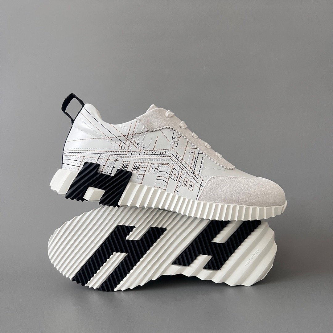 AuroraCustom Hermès Bouncing Series Leather & Architectural Blueprint Suede Trainers (White Plan & Sketch Edition) - Image 6