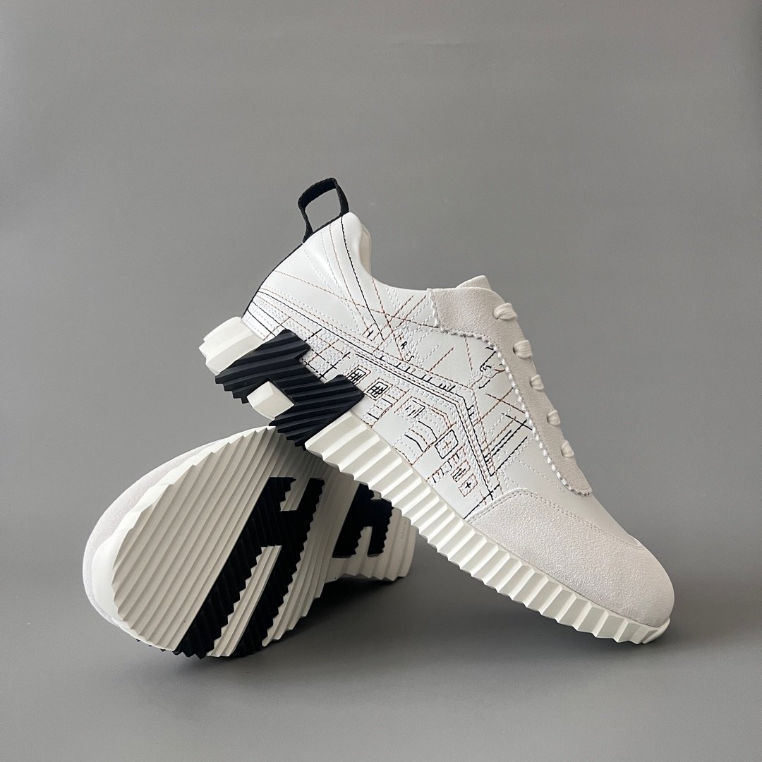AuroraCustom Hermès Bouncing Series Leather & Architectural Blueprint Suede Trainers (White Plan & Sketch Edition) - Image 7