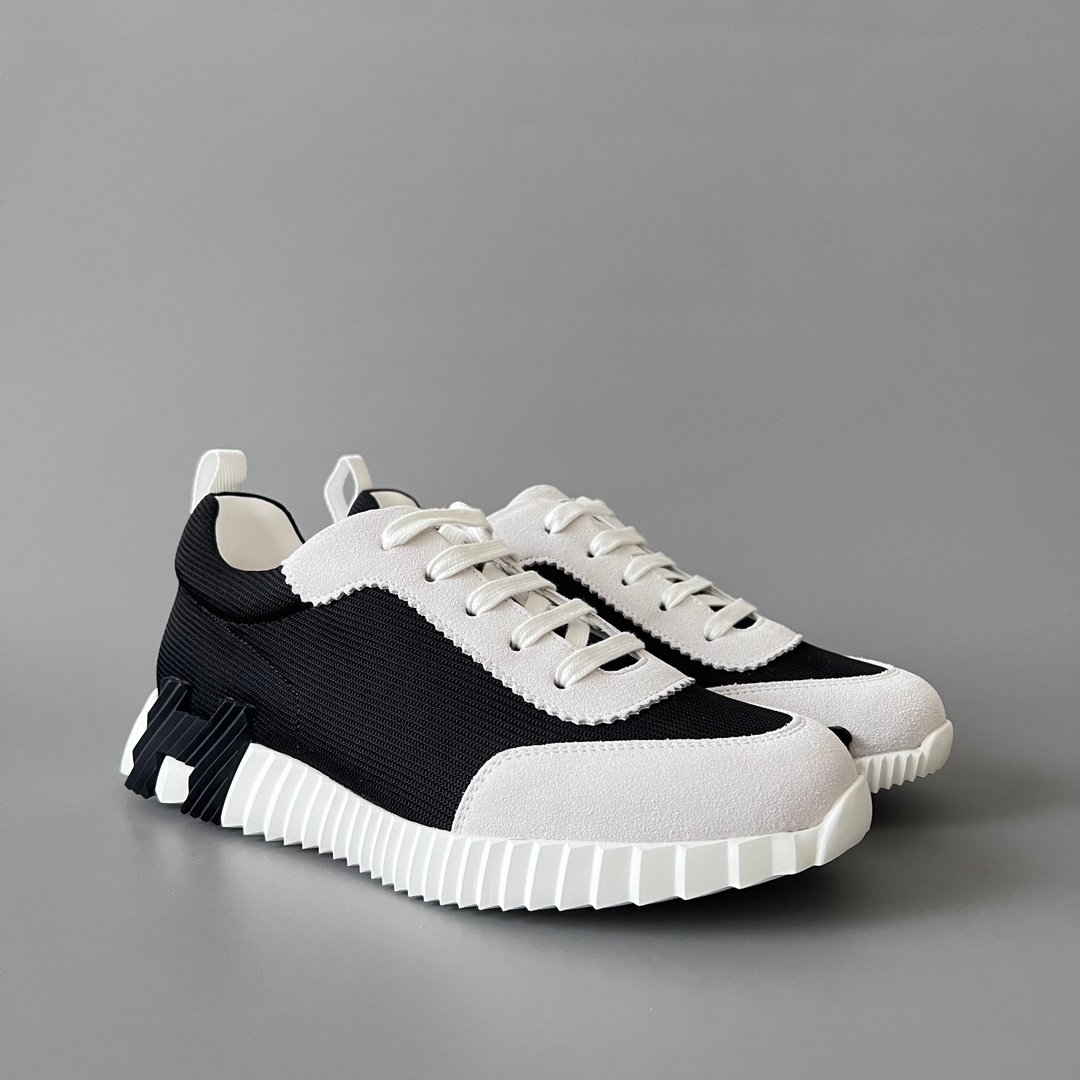 AuroraCustom Hermès Bouncing Series Leather & Technical Canvas Leisure Trainers (Panda Black & White Mesh Edition) - Image 3