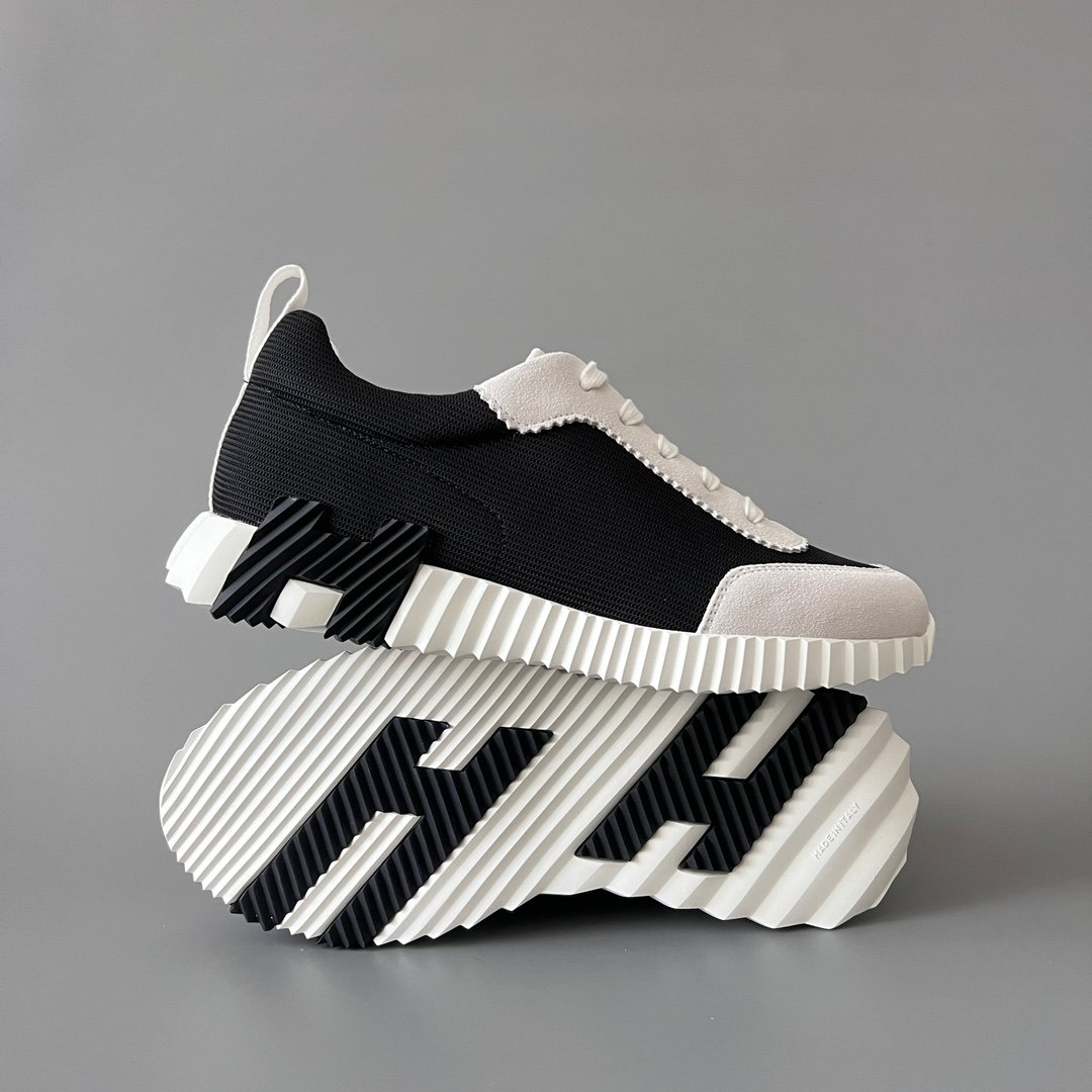 AuroraCustom Hermès Bouncing Series Leather & Technical Canvas Leisure Trainers (Panda Black & White Mesh Edition) - Image 6
