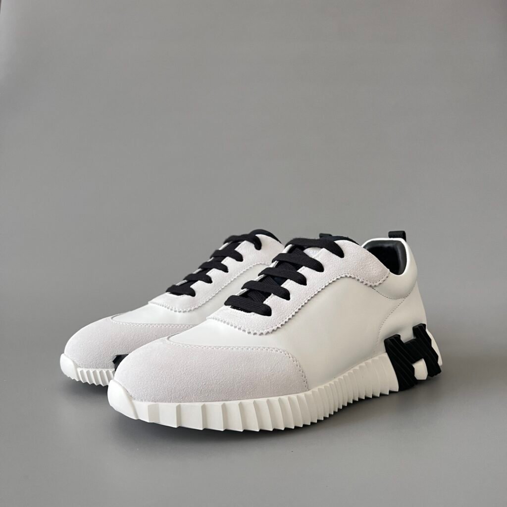 AuroraCustom Hermès Bouncing Series Leather & Suede Leisure Trainers (Optic White, Light Grey Suede & Stealth Black Edition)