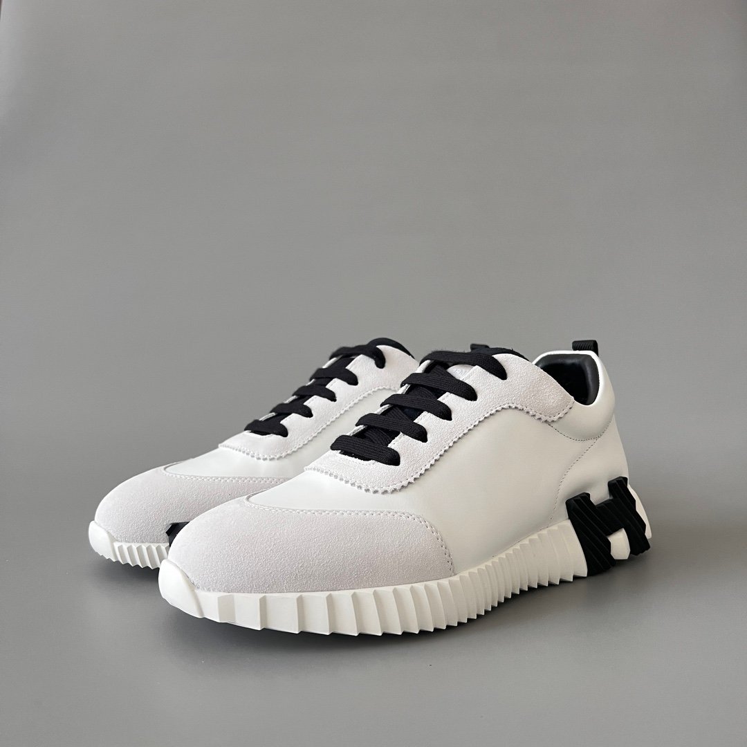 AuroraCustom Hermès Bouncing Series Leather & Suede Leisure Trainers (Optic White, Light Grey Suede & Stealth Black Edition)