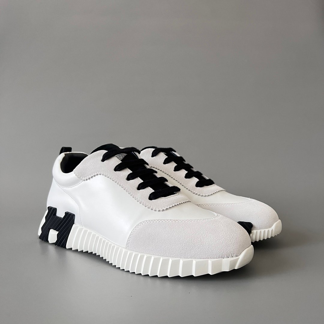 AuroraCustom Hermès Bouncing Series Leather & Suede Leisure Trainers (Optic White, Light Grey Suede & Stealth Black Edition) - Image 3