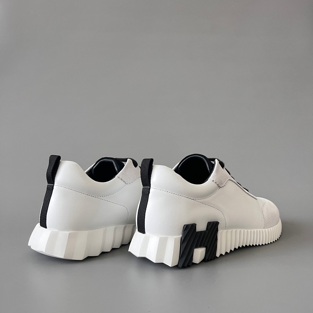 AuroraCustom Hermès Bouncing Series Leather & Suede Leisure Trainers (Optic White, Light Grey Suede & Stealth Black Edition) - Image 4